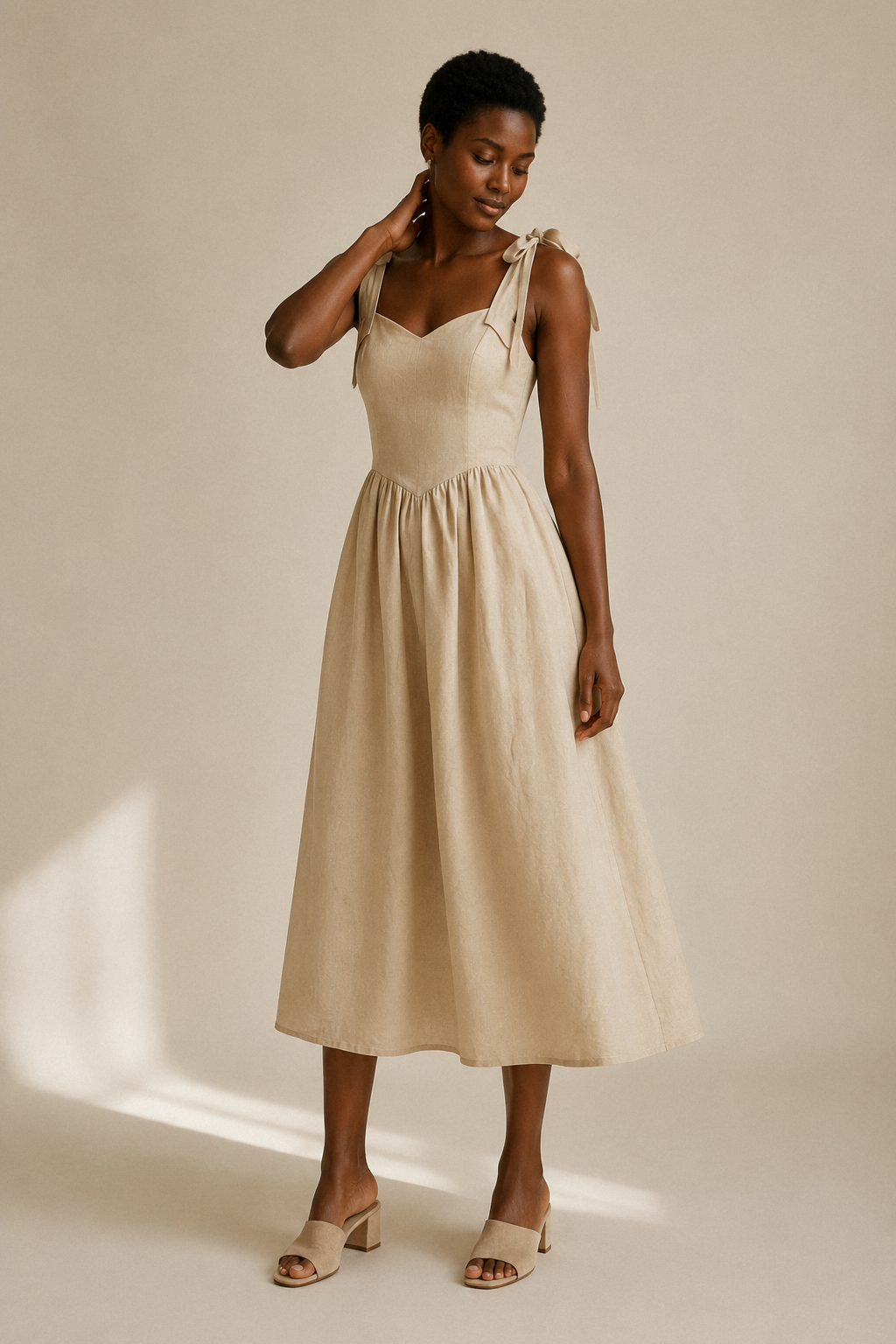 Light beige linen a-line midi dress, three-quarter view, flowing midi skirt, soft linen drape