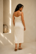 Ivory linen wrap midi dress, back view, simple back and spaghetti straps