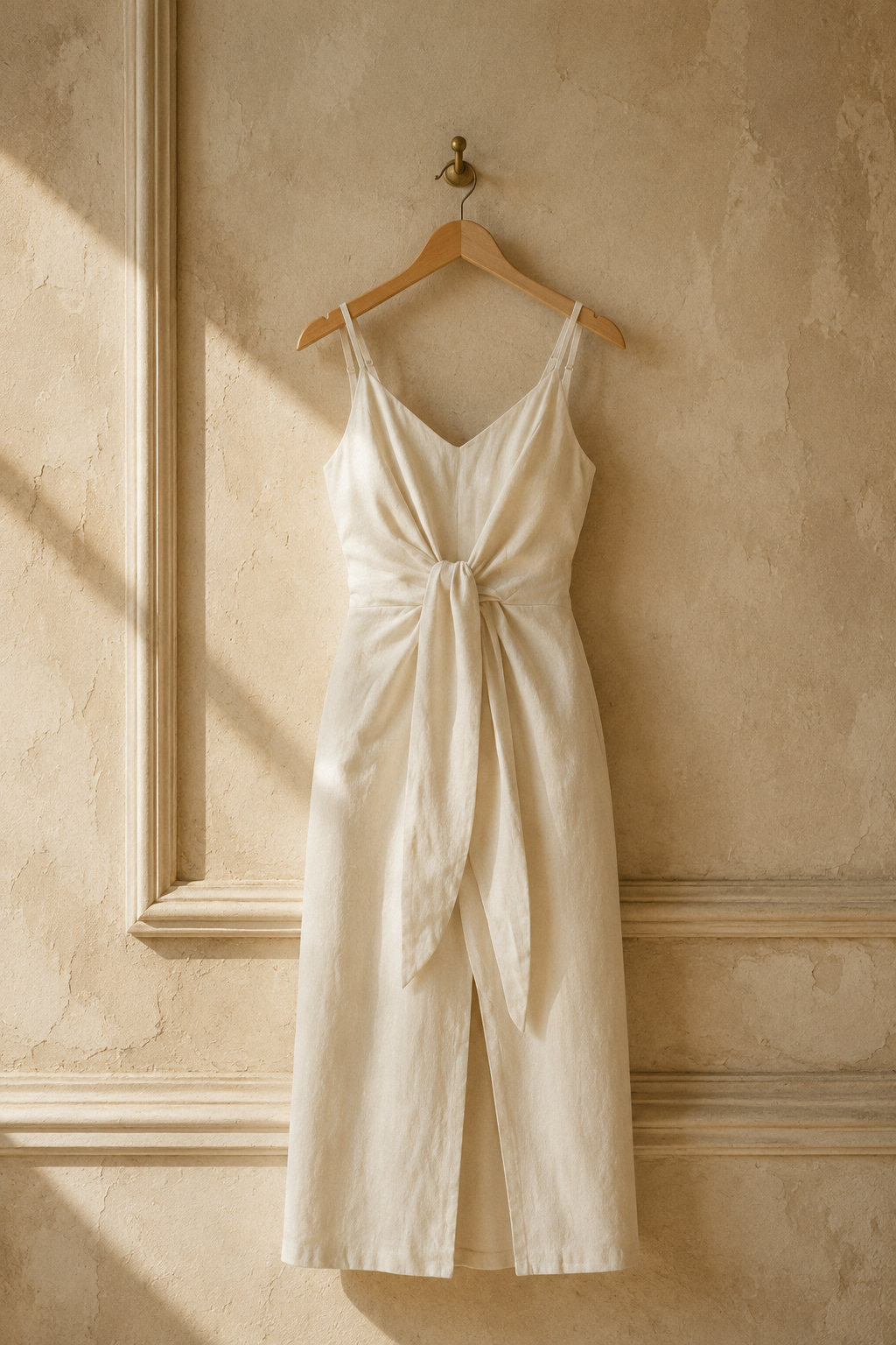 Ivory linen wrap midi dress, hanging on wooden hanger against plaster wall