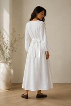 White linen a-line midi dress, back view, smooth back, fitted waist, full skirt