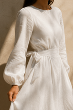 White linen a-line midi dress, fabric detail, flax weave in raking light