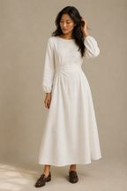 White linen a-line midi dress, full front view, a-line skirt, side pockets, midi length