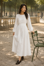 White linen a-line midi dress, lifestyle, relaxed morning by a sunlit window