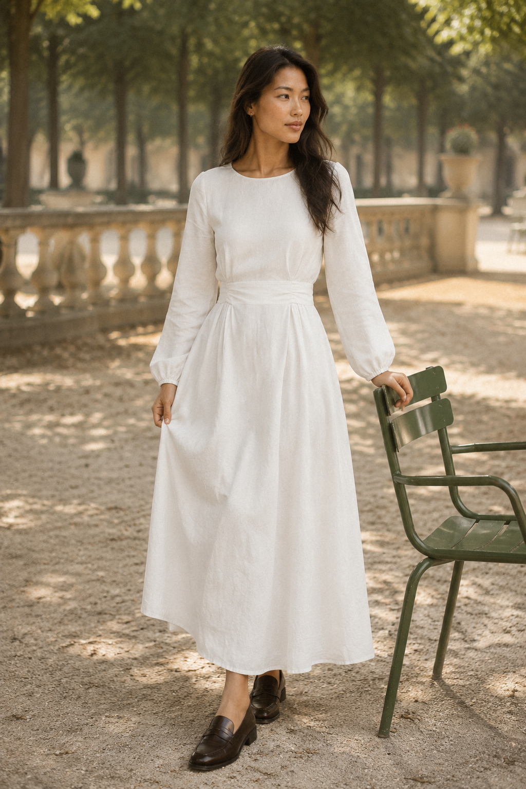 White linen a-line midi dress, lifestyle, relaxed morning by a sunlit window