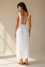 White linen column midi dress, back view, smooth back, fitted bodice