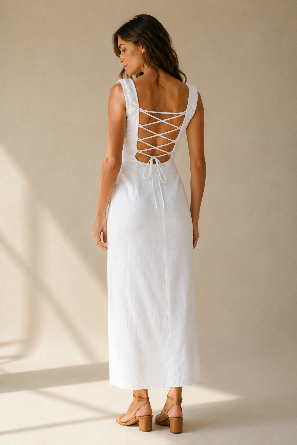 White linen column midi dress, back view, smooth back, fitted bodice