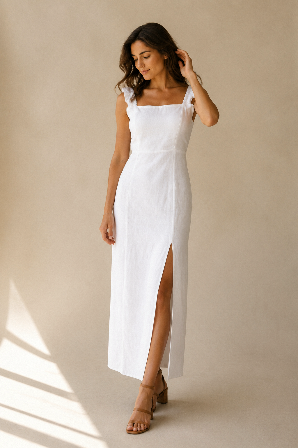 White linen column midi dress, full front view, column midi with side slit