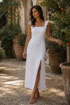 White linen column midi dress, lifestyle, sunlit stroll, warm afternoon