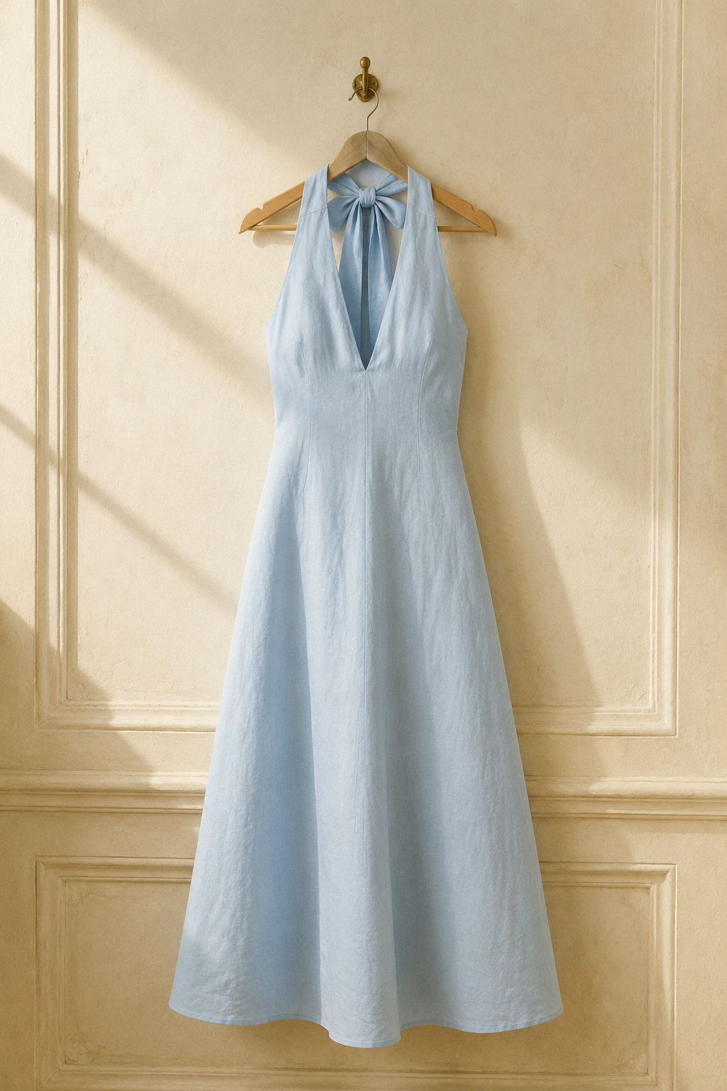 Light blue linen a-line midi dress, hanging on wooden hanger against plaster wall