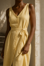 Butter yellow linen a-line midi dress, fabric detail, flax weave in raking light