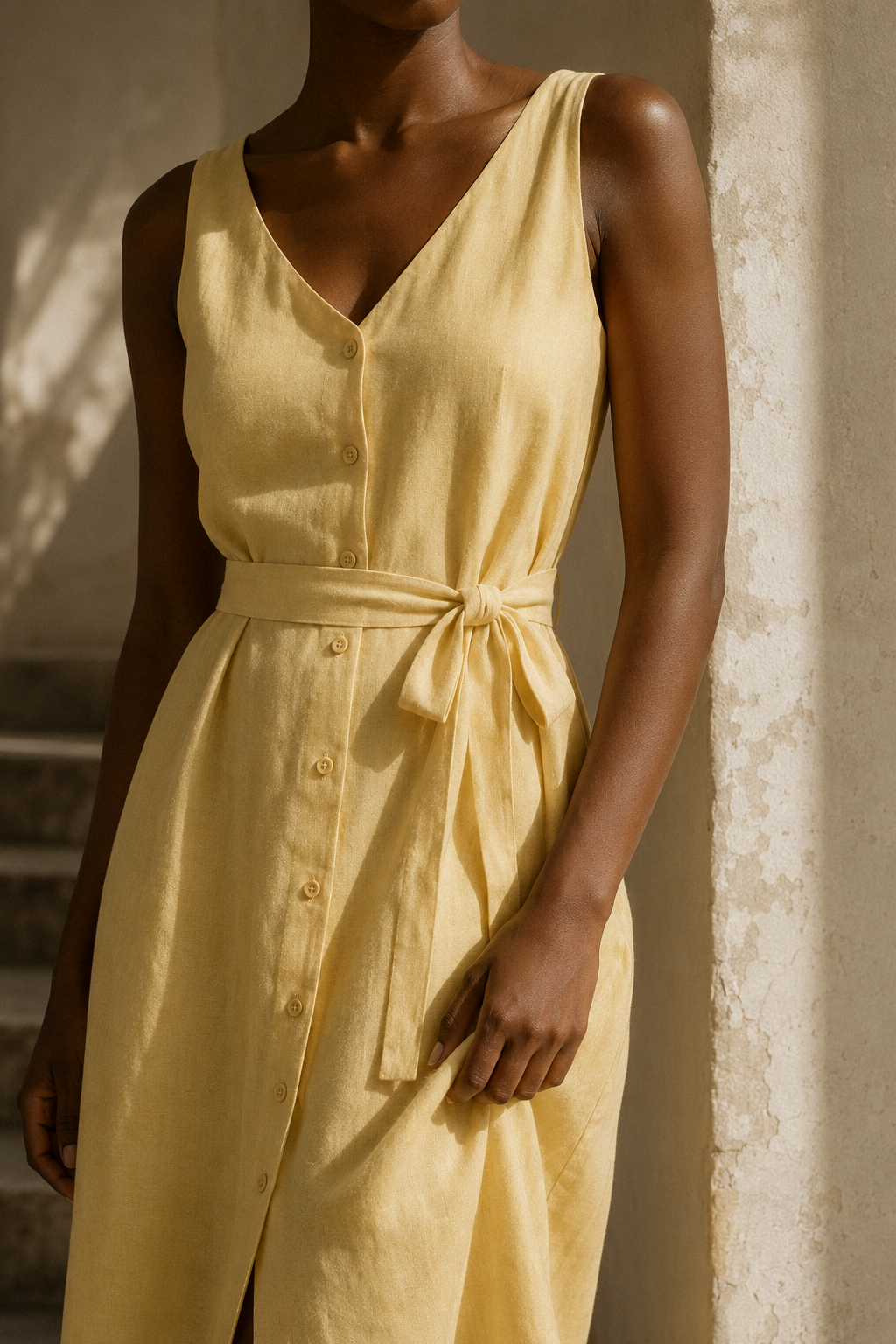 Butter yellow linen a-line midi dress, fabric detail, flax weave in raking light