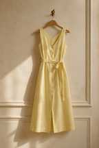 Butter yellow linen a-line midi dress, hanging on wooden hanger against plaster wall