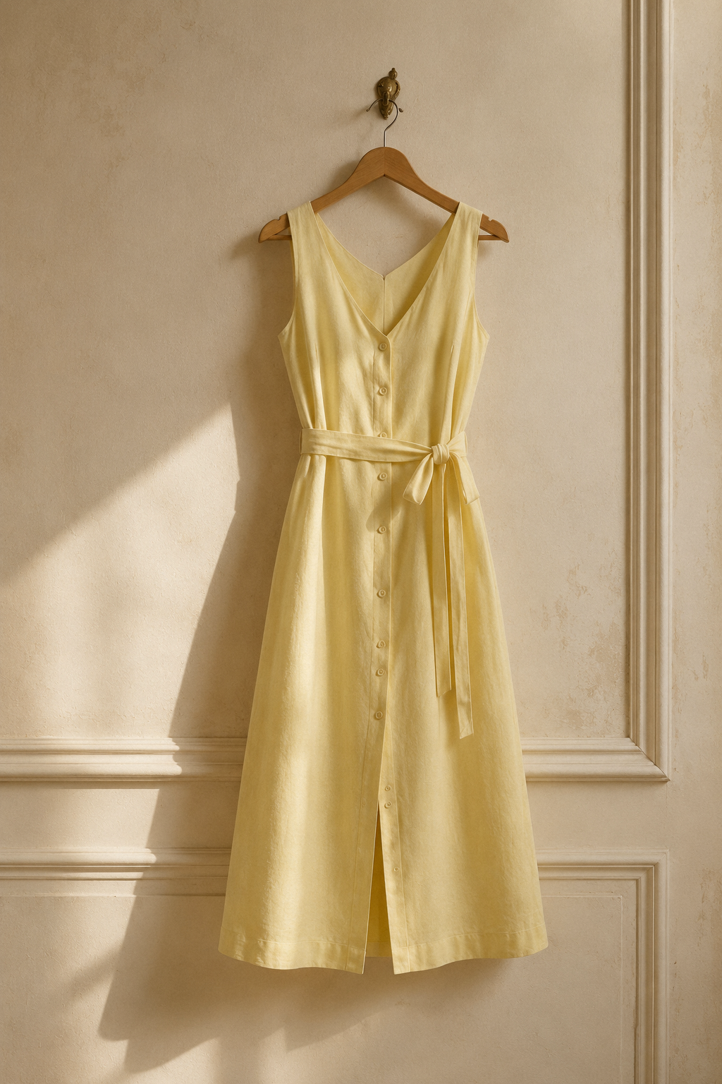 Butter yellow linen a-line midi dress, hanging on wooden hanger against plaster wall