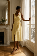 Butter yellow linen a-line midi dress, front view, V neckline, button front, tie waist