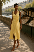 Butter yellow linen a-line midi dress, lifestyle, sunny afternoon, stone steps