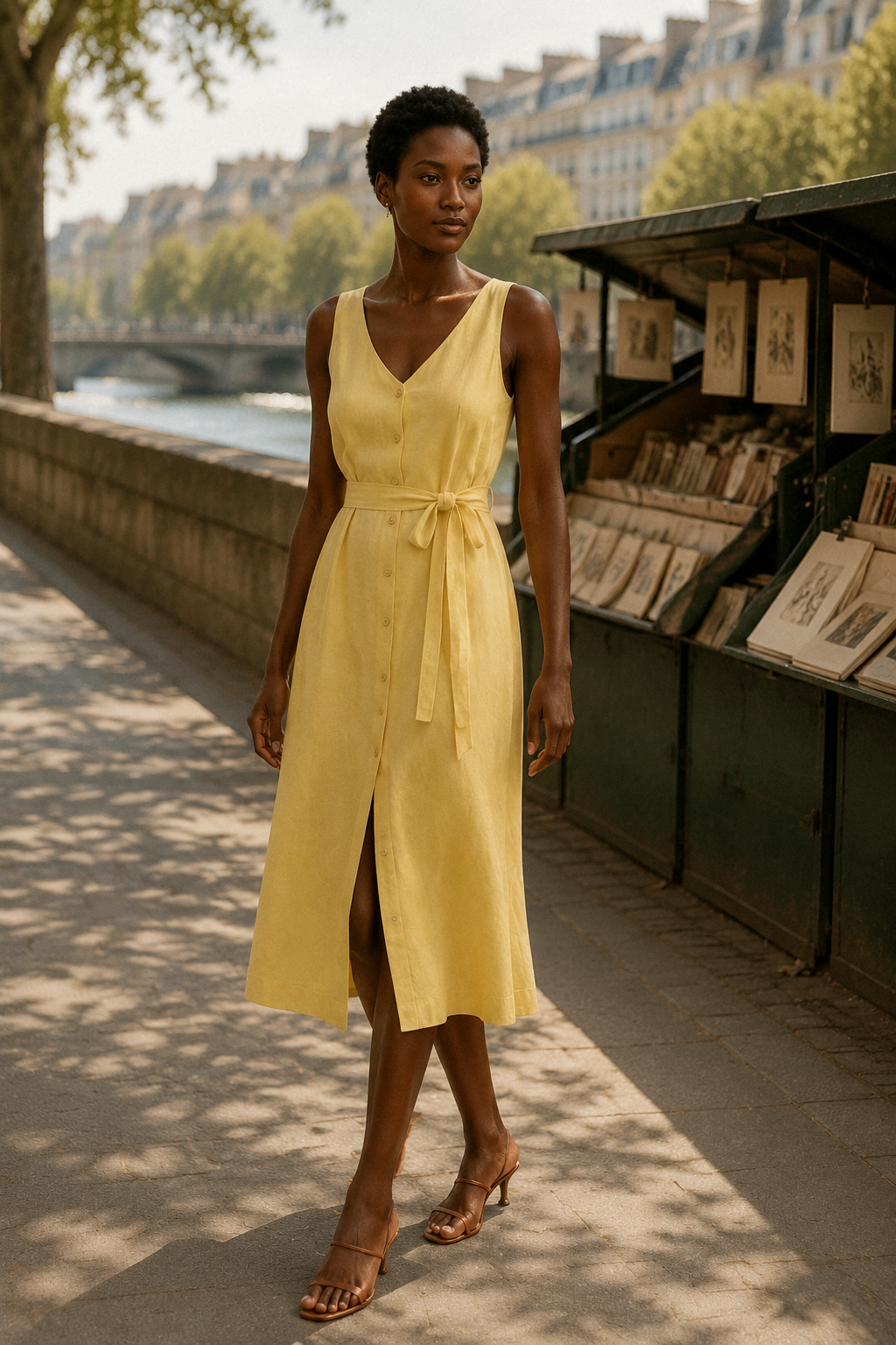 Butter yellow linen a-line midi dress, lifestyle, sunny afternoon, stone steps