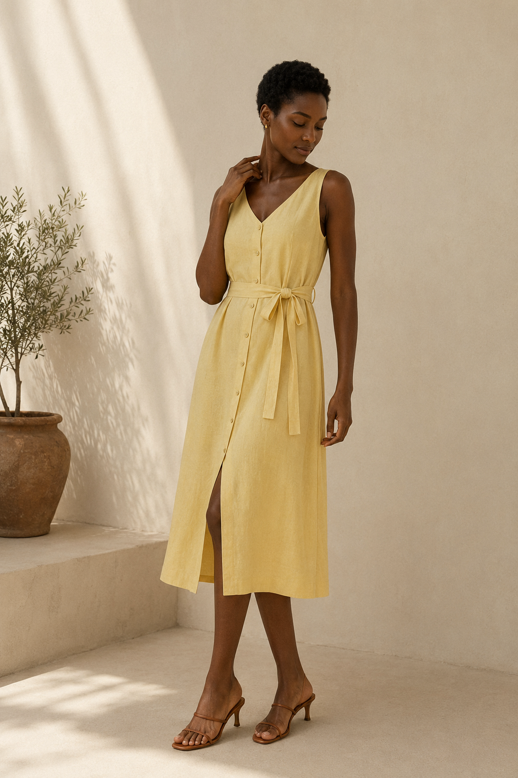 Butter yellow linen a-line midi dress, three-quarter view, skirt drape, side slit detail
