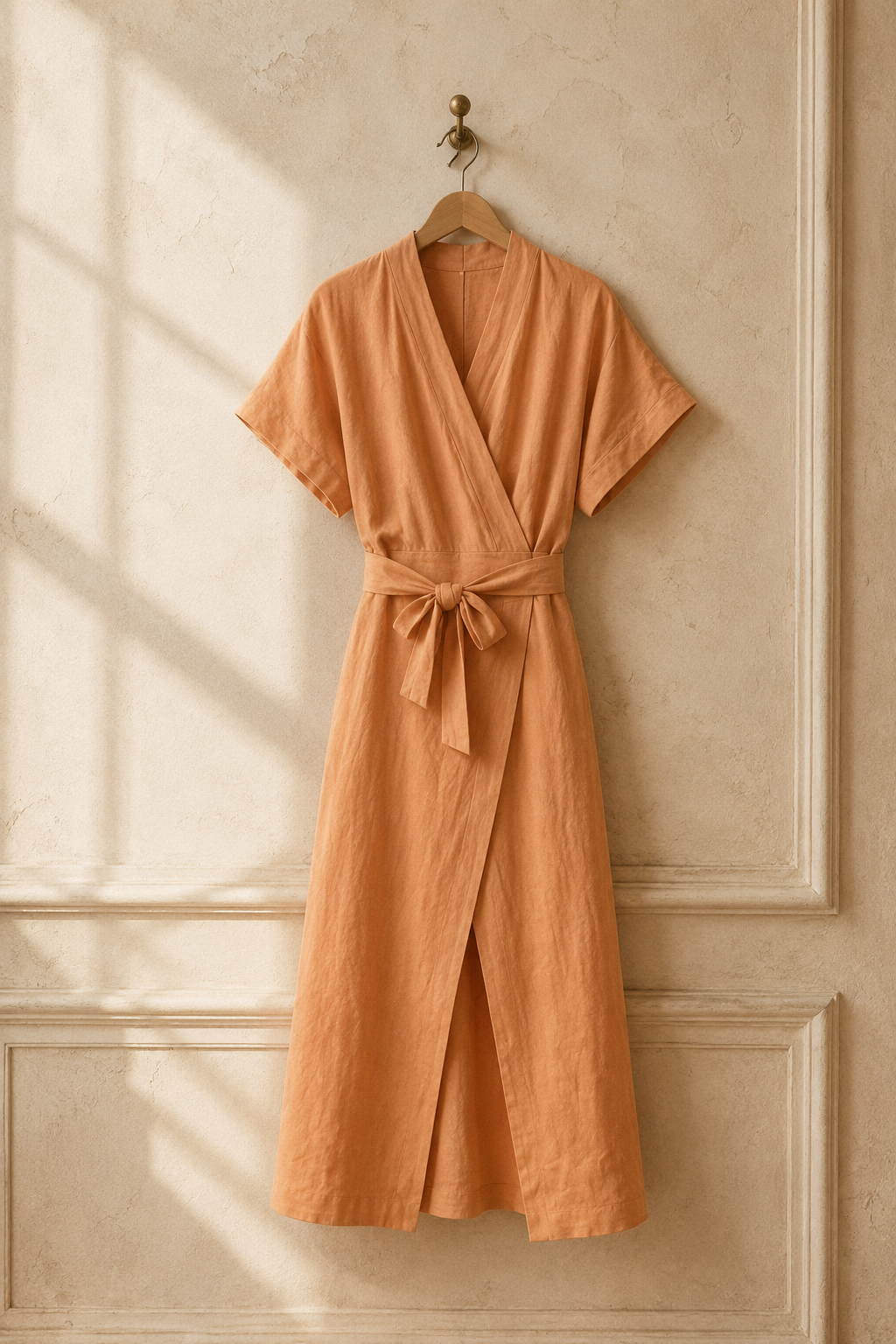 Peach linen wrap midi dress, hanging on wooden hanger against plaster wall