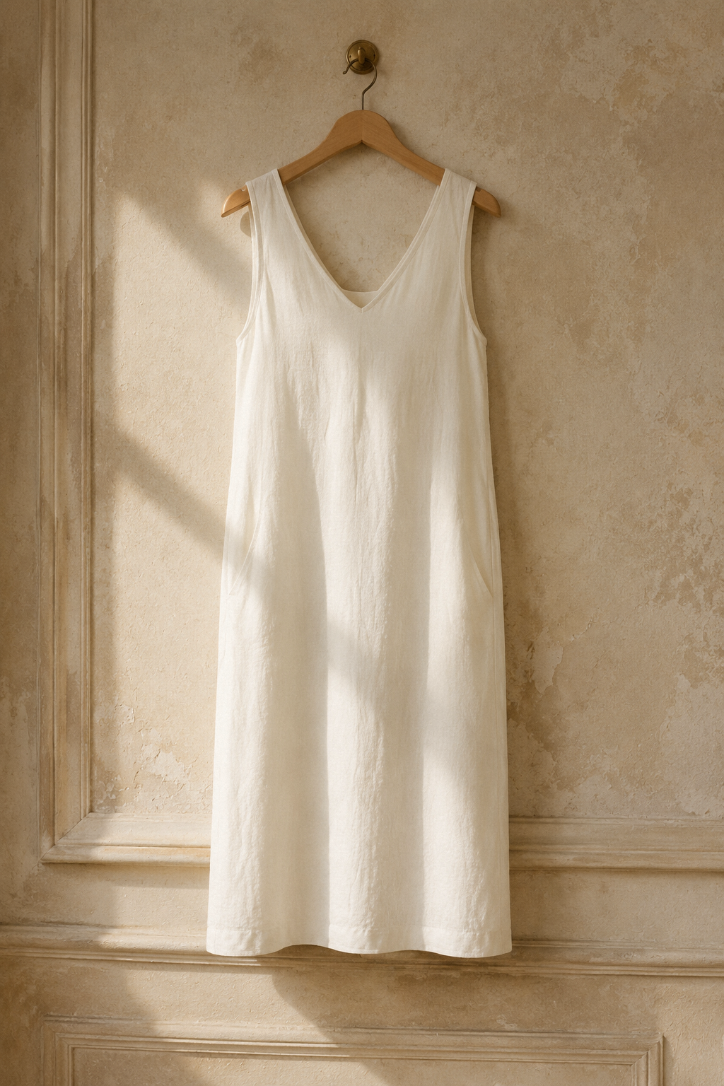 Ivory linen shift midi dress, hanging on wooden hanger against plaster wall
