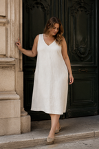 Ivory linen shift midi dress, front view, straight neckline and relaxed drape