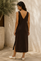 Dark brown linen shift midi dress, back view, simple shift cut, clean back