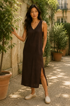 Dark brown linen shift midi dress, lifestyle, strolling in sun, ice cream in hand