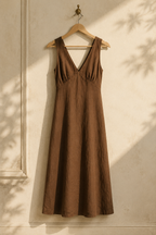 Brown linen a-line midi dress, hanging on wooden hanger against plaster wall