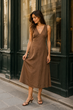 Brown linen a-line midi dress, front view, deep V-neck and fitted sleeveless bodice