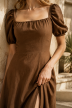 Brown linen a-line midi dress, fabric detail, flax weave in raking light