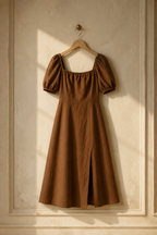 Brown linen a-line midi dress, hanging on wooden hanger against plaster wall