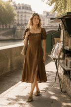 Brown linen a-line midi dress, lifestyle, casual elegance for sunlit days