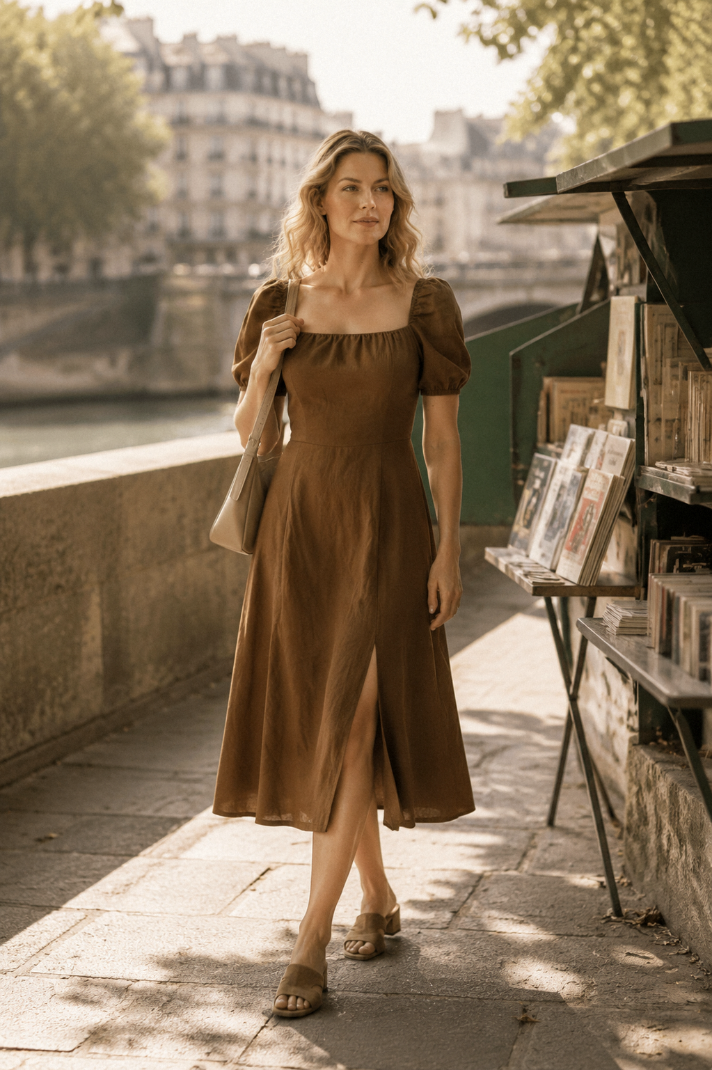 Brown linen a-line midi dress, lifestyle, casual elegance for sunlit days