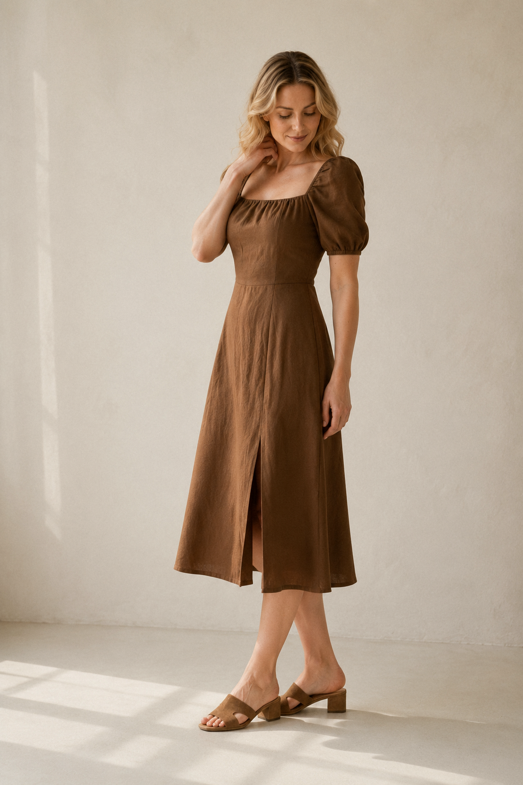 Brown linen a-line midi dress, three-quarter view, a-line silhouette and leg slit