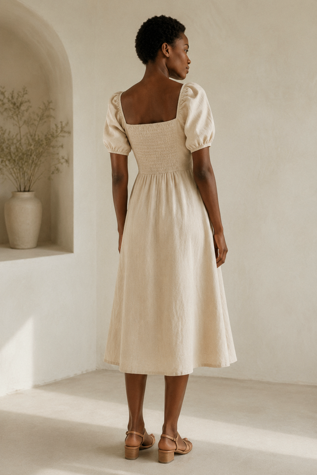 Beige linen a-line midi dress, back view, defined waist and fluid skirt