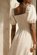 Beige linen a-line midi dress, fabric detail, flax weave in raking light