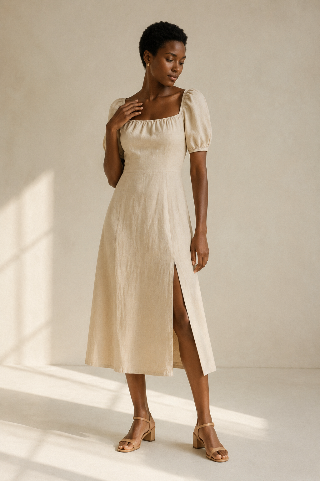 Beige linen a-line midi dress, full front view, a-line midi with side slit