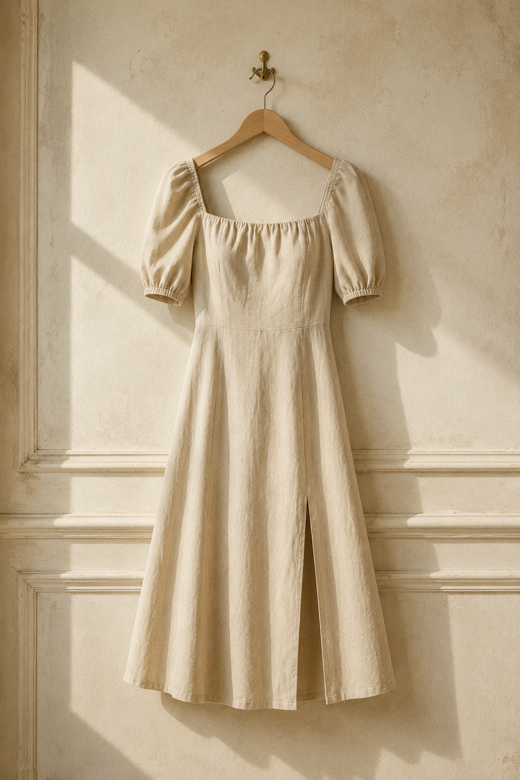 Beige linen a-line midi dress, hanging on wooden hanger against plaster wall