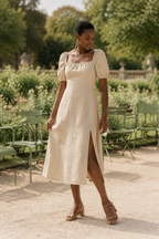 Beige linen a-line midi dress, front view, square neckline and puff sleeves