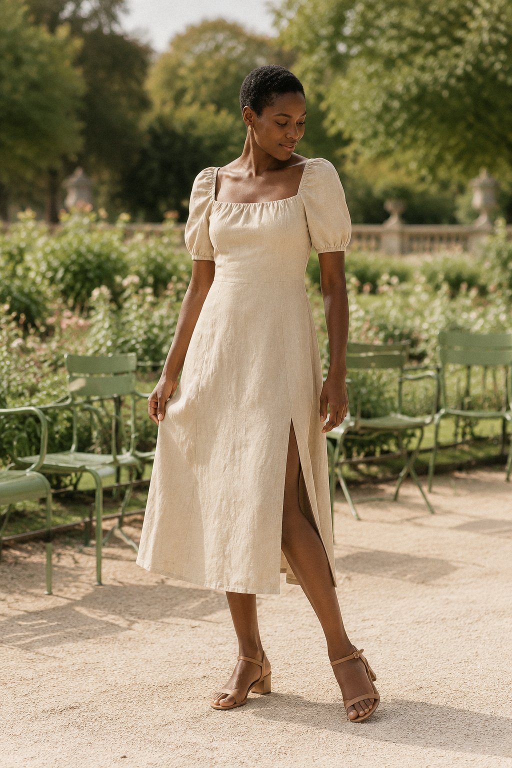 Beige linen a-line midi dress, front view, square neckline and puff sleeves