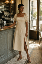 Beige linen a-line midi dress, lifestyle, warm afternoon stroll