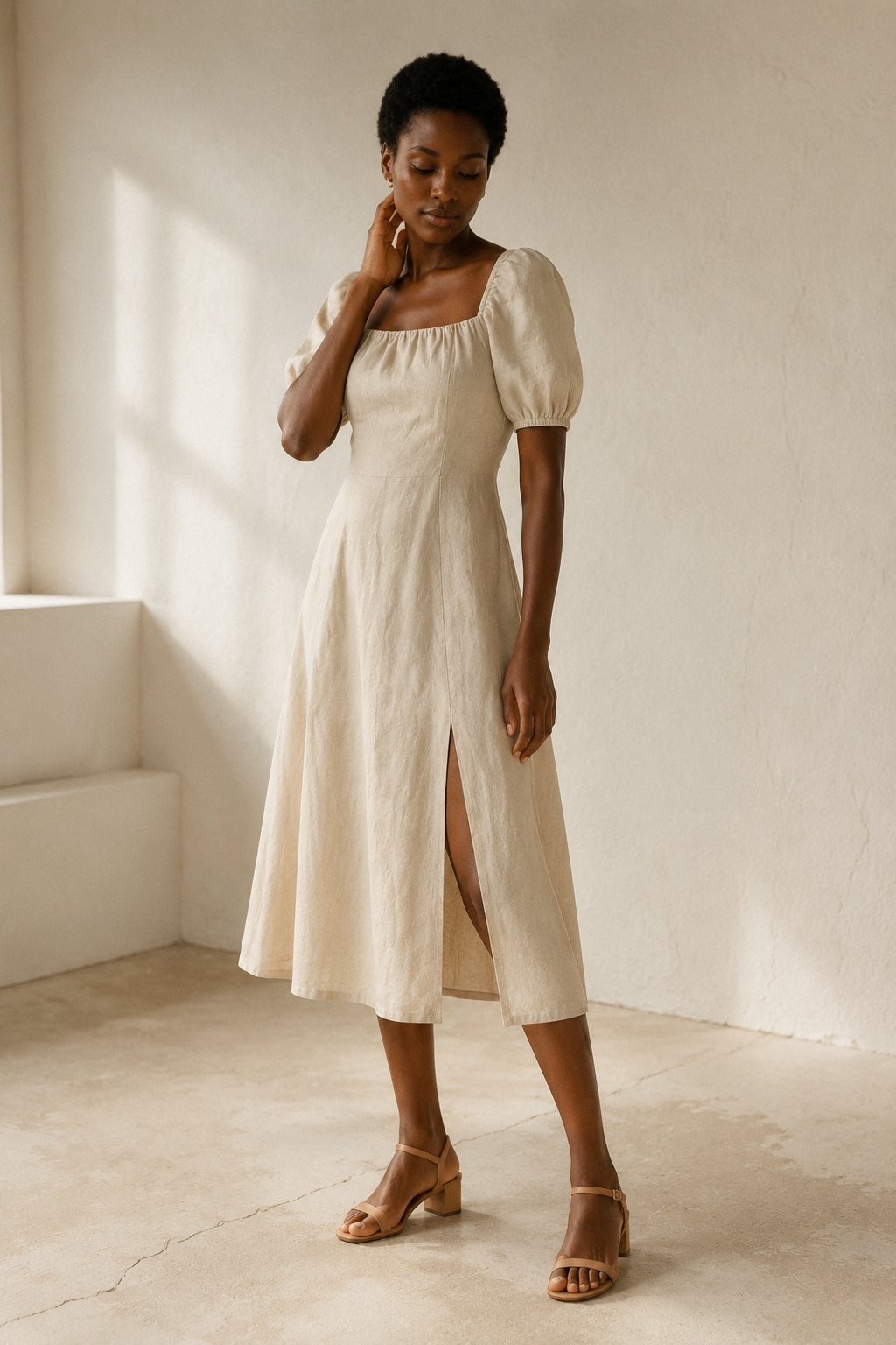 Beige linen a-line midi dress, three-quarter view, linen texture and skirt drape