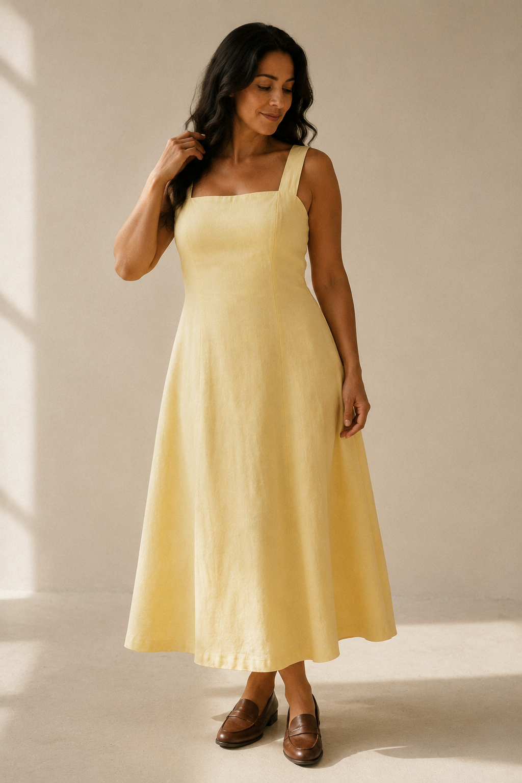 Butter yellow linen a-line midi dress, full front view, straight neckline, full skirt
