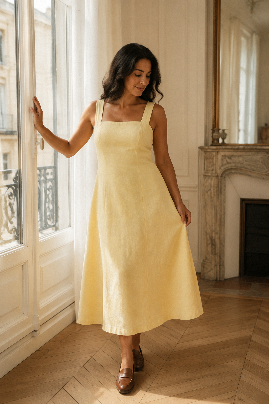 Butter yellow linen a-line midi dress, front view, open back, wide straps, midi length