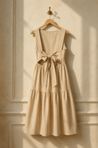 Beige linen tiered midi dress, hanging on wooden hanger against plaster wall