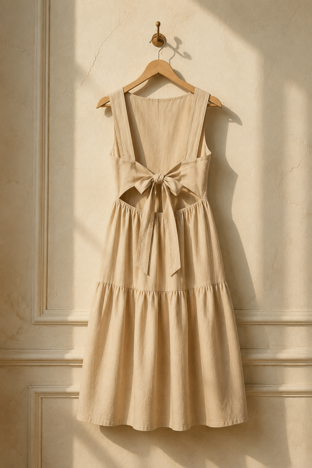 Beige linen tiered midi dress, hanging on wooden hanger against plaster wall