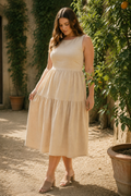Beige linen tiered midi dress, front view, scoop neckline and wide straps