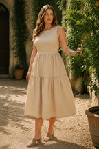 Beige linen tiered midi dress, lifestyle, sunny afternoon light