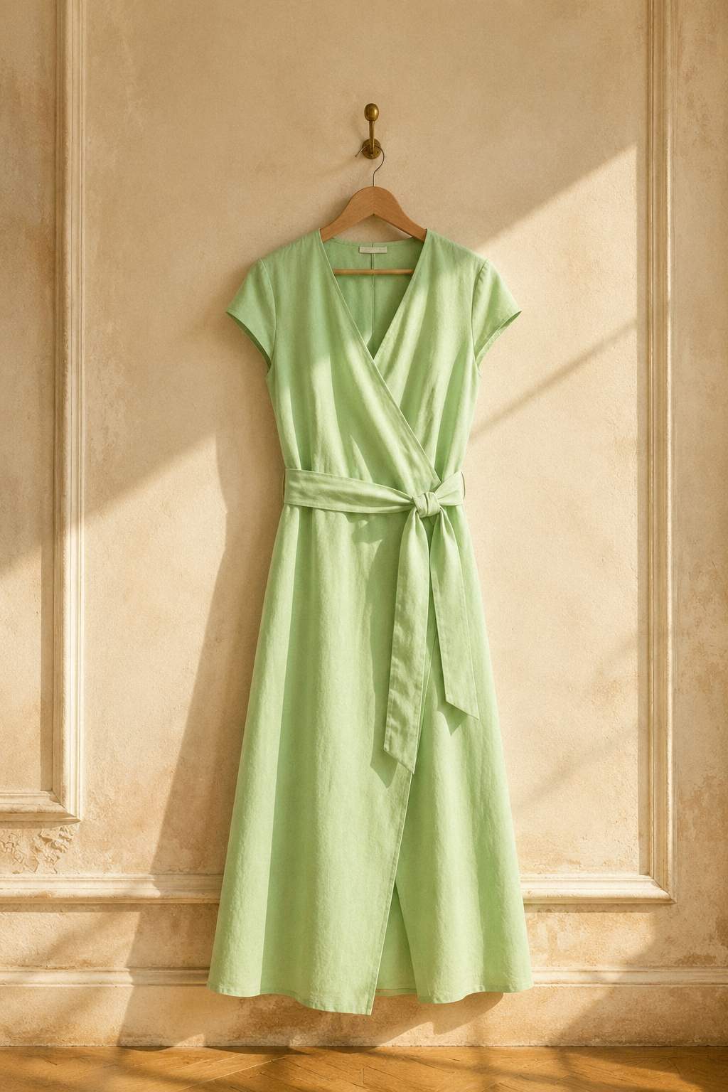 Light green linen wrap midi dress, hanging on wooden hanger against plaster wall
