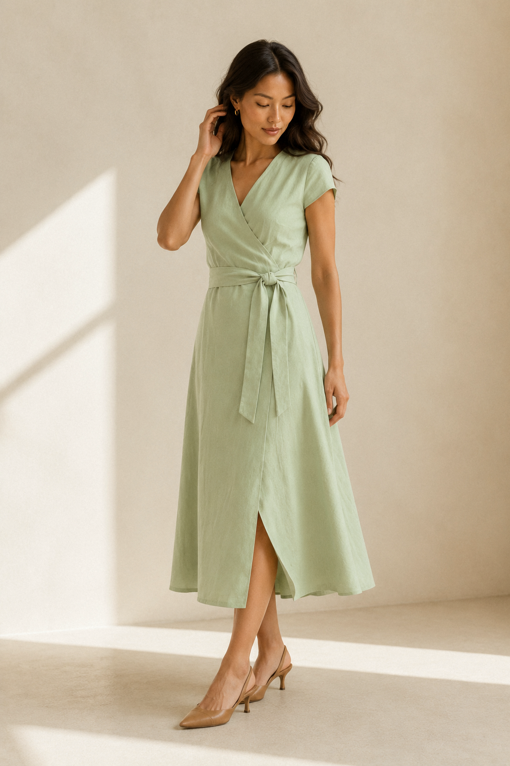 Light green linen wrap midi dress, three-quarter view, adjustable tie waist and flowing skirt