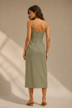 Sage green linen wrap midi dress, back view, smooth back and gentle drape